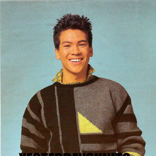 1980's Vintage men's crew neck sweater pattern with bold vertical and horizontal stripes and geometric shape - EXPERT KNITTER