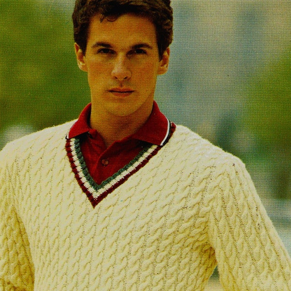 Vintage Man's cricket/tennis jumper in all over cable pattern, with contrast stripe cuffs and V neck- 38" to 42" chest - EXPERIENCED KNITTER