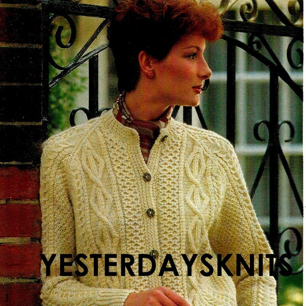 Woman's Vintage Aran cardigan knitting Pattern lady's raglan cable jacket cardigan - to fit 34" to 40"  Bust - EXPERT KNITTER