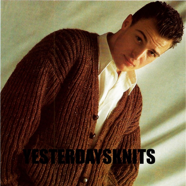 Man's loose fit, chunky knit, button front rib cardigan pattern with pockets - 38"-44" chest - INTERMEDIATE KNITTER