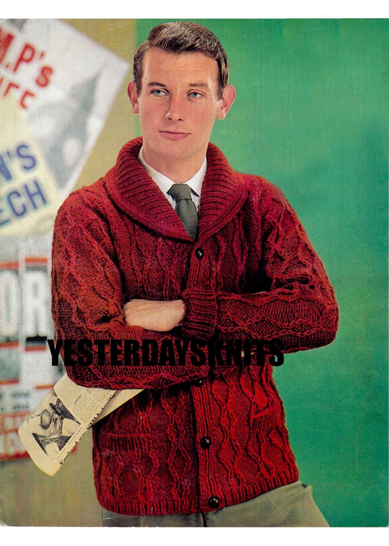 Vintage Man's 1950's Chunky, Cable Cardigan Knitting Pattern Chest 38