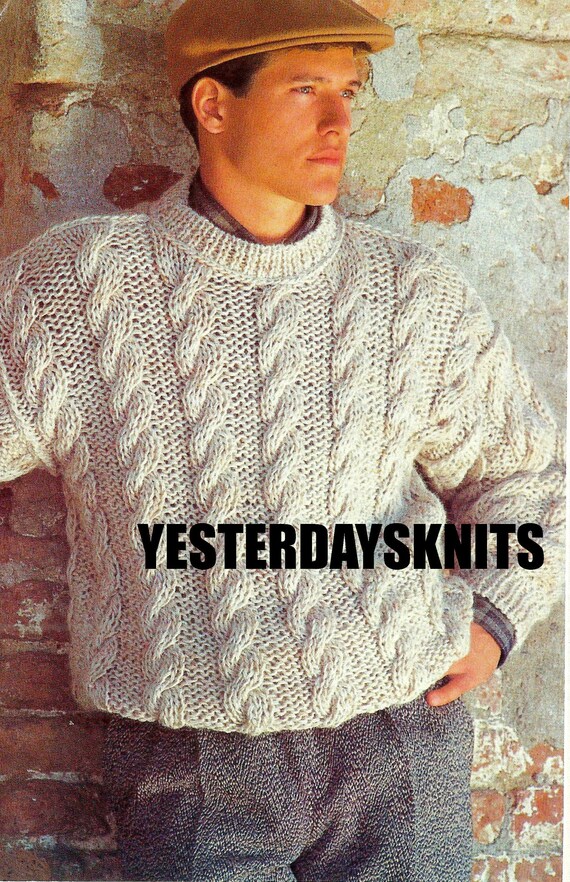Vintage Man s Cable Sweater Pattern Knitted in a Super Chunky Yarn With Crochet Chain Stitch Detail INTERMEDIATE KNITTER Etsy Canada