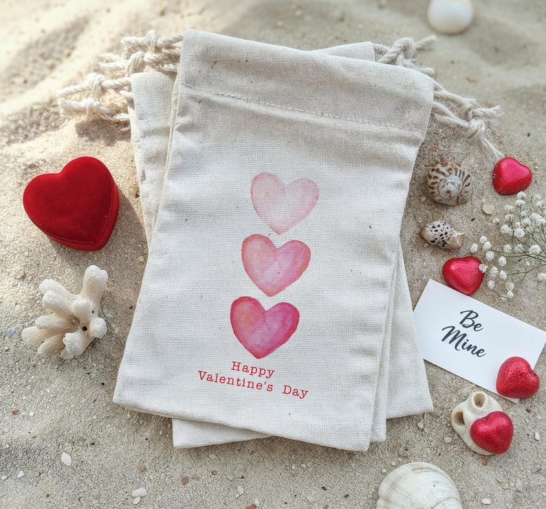 May include: Two off-white drawstring bags with watercolor hearts and the text "Happy Valentine's Day." A red heart-shaped box, seashells, and a card that says "Be Mine" are also present. The items are arranged on sand.