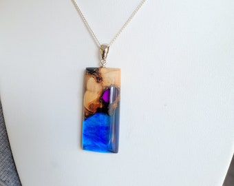 Ocean Necklace Blue Purple with Burlwood