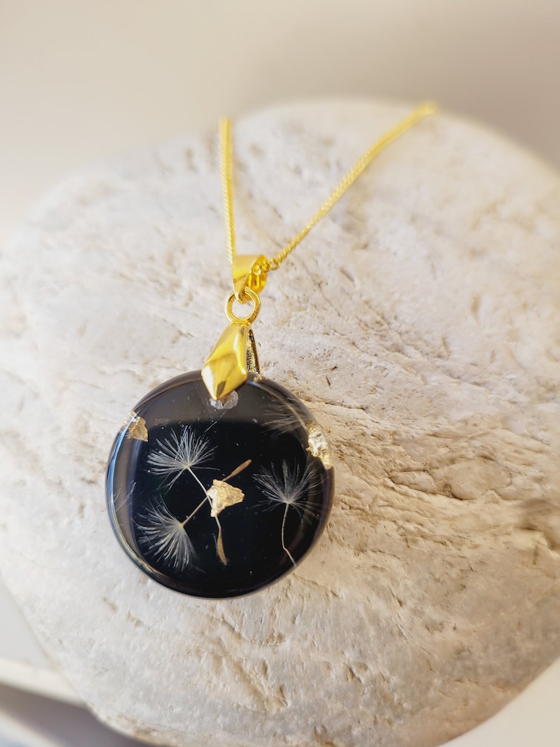 Dandelion Wish Necklace with Gold Flakes Real Flower Pendant Dandelion Jewelry with real Dandelion Seeds