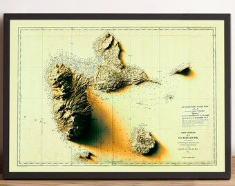 Guadeloupe Map (France), Guadeloupe 2D Relief Map, Guadeloupe Poster, Guadeloupe Vintage Gift Map - 2D FLAT PRINT (Sunset Version)