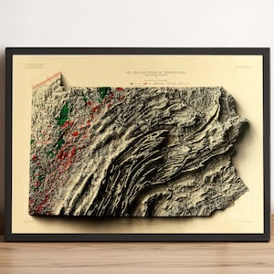 Kaart van Pennsylvania (versie mistige nacht), 2D-reliëfkaart van Pennsylvania, vintage kaart van Pennsylvania, poster cadeau van Pennsylvania - 2D FLAT PRINT