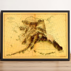 Carte de l'Alaska, carte en relief 2D de l'Alaska, carte historique de l'Alaska, carte vintage de l'Alaska, décoration murale de l'Alaska, cadeau de l'Alaska - impression 2D à plat