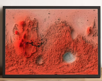 Marskaart, Mars 2D-reliëfkaart, vintage Marskaart, Mars Print, Mars Topo-kaart, Mars gedrukte kaart, Mars Cadeau - 2D PLATTE PRINT