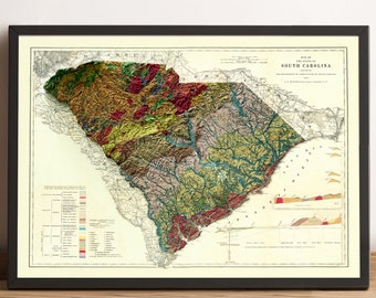 South Carolina Map, South Carolina 2D Relief Map, South Carolina Vintage Map, South Carolina Geological Map - 2D FLAT PRINT