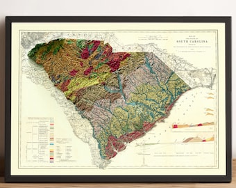 Mapa de Carolina del Sur, mapa en relieve 2D de Carolina del Sur, mapa antiguo de Carolina del Sur, mapa geológico de Carolina del Sur - IMPRESIÓN PLANA 2D