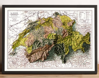 Switzerland Map, Switzerland 2D Relief Map, Switzerland Historical Map, La Suisse Old Map, Schweiz Vintage Poster Map - 2D FLAT PRINT