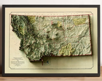 Montana Map, Montana 2D Relief Map, Montana Poster Print, Montana Vintage Map, Montana Old Map, Montana Gift - 2D FLAT PRINT