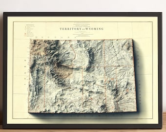 May include: A vintage map of the Territory of Wyoming, printed in shades of brown, green, and blue. The map shows the state's topography with mountains, rivers, and valleys. The map is framed in a black frame and is displayed on a wooden surface.