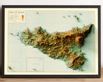 Sicily Map, Sicilia Map, Sicily 2D Relief Map, Sicily Vintage Map, Sicily Print, Sicily Old Map, Italy Map, Italy Gift - 2D FLAT PRINT