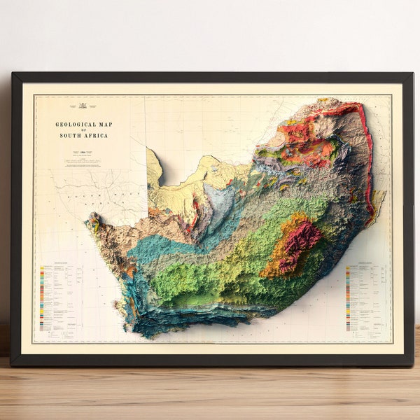 South Africa Map, South Africa 2D Relief Map, South Africa Vintage Map, South Africa Poster, South Africa Wall Art Gift - 2D FLAT PRINT