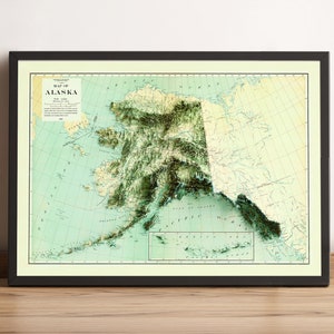 Carte de l'Alaska, carte en relief 2D de l'Alaska, carte historique de l'Alaska, carte vintage de l'Alaska, art mural de l'Alaska, cadeau de l'Alaska - impression 2D à plat