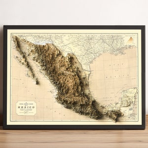 Mexiko Karte, Mexiko 2D Reliefkarte, Alte Karte Mexiko, Mexiko Vintage Karte, Mexiko Druck, Mexiko Poster, Mexiko Geschenk - 2D FLACHDRUCK