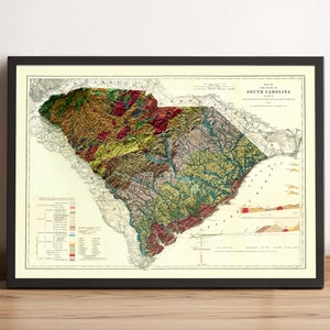 South Carolina Karte, South Carolina 2D Reliefkarte, Südcarolina Vintage Karte, Südcarolina Geologische Karte - 2D FLACHDRUCK