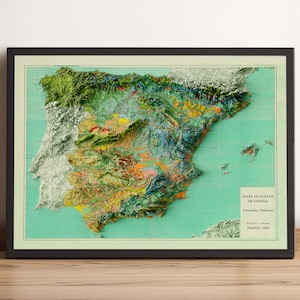Carte de l'Espagne, carte en relief 2D de l'Espagne, carte des sols de l'Espagne, carte vintage de l'Espagne, cadeau de vacances en Espagne, carte du Portugal, carte de la péninsule ibérique - impression 2D à plat