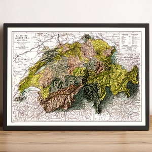 Switzerland Map, Switzerland 2D Relief Map, Switzerland Historical Map, La Suisse Old Map, Schweiz Vintage Poster Map - 2D FLAT PRINT