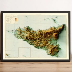 Sizilien Karte, Sicilia Karte, Sizilien 2D Reliefkarte, Vintage Karte Sizilien, Sizilien Druck, alte Karte Sizilien, Italien Karte, Italien Geschenk - 2D FLACHDRUCK