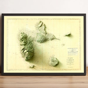 Kaart van Guadeloupe (Frankrijk), 2D-reliëfkaart van Guadeloupe, cadeaukunst van Guadeloupe, vintage kaart van Guadeloupe, afdruk van Guadeloupe - 2D FLAT PRINT (versie 1)