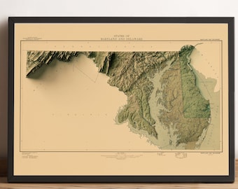 Może przedstawiać: Winietkowa mapa w reliefie stanów Maryland i Delaware, przedstawiająca topografię w odcieniach zieleni i brązu. Mapa jest oprawiona w czarną ramę i ma kremowy kolor tła.