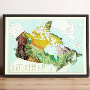 Carte du Canada, carte en relief 2D du Canada, carte topographique du Canada, impression du Canada, carte vintage du Canada, carte des sols du Canada, cadeau de vacances Canada - impression 2D à plat