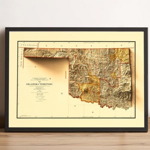 Kaart van Oklahoma, 2D-reliëfkaart van Oklahoma, vintage kaart van Oklahoma, print van Oklahoma, wanddecoratie van Oklahoma, cadeau van Oklahoma - 2D FLAT PRINT
