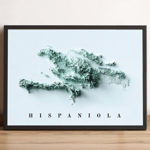 Kaart van het eiland Hispaniola, 2D-reliëfkaart Hispaniola, cadeaukaart Haïti, cadeaukaart Dominicaanse Republiek, minimalistische kaart Hispaniola - 2D FLAT PRINT