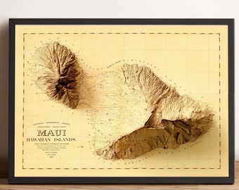 May include: An antique map of Maui, Hawaii, with the title "MAUI, HAWAIIAN ISLANDS" and a detailed topographic representation of the island. The map is printed on a cream-colored paper with brown lines and text.