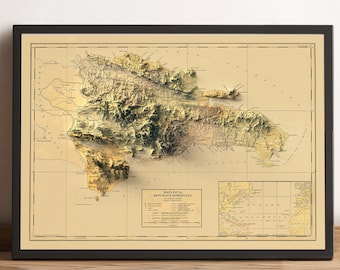 May include: A vintage-style map of the Dominican Republic with a 3D relief effect. The map is printed on a beige background with brown lines and text. The map shows the island's topography with mountains, rivers, and coastal areas.