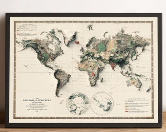 World Map, World 2D Relief Map, World Vintage Map, World Poster, Globe Wall Art, World Old Map, World Map Gift - 2D FLAT PRINT