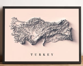 May include: A black framed print of a 3D topographic map of Turkey with the word "TURKEY" printed below the map.