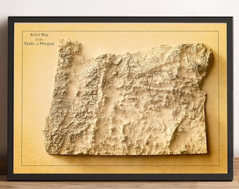 Puede incluir: Un mapa en relieve del estado de Oregón de estilo vintage, impreso en papel color crema con un borde marrón. El mapa está enmarcado en negro.