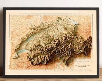 May include: A vintage relief map of Switzerland, showing the country's topography with brown, green, and beige colors. The map is framed in black and has the title "Relief Karte der Schweiz" in German.