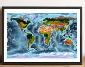 World Map, WGS84 Projection World Map, Vintage World Map, Relief World Map, Printed World Map, Framed World Map