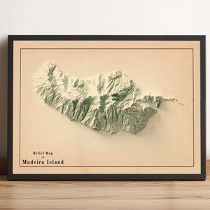 Madeira, Portugal Map, Madeira 2D Reliefkarte, Madeira Island Vintage Print, Ilha da Madeira, minimalistische Karte - 2D FLACHDRUCK