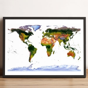 Weltkarte, WGS 84 Landkarte, Vintage Weltkarte, Relief-Weltkarte, Gedruckte Weltkarte, gerahmte Weltkarte