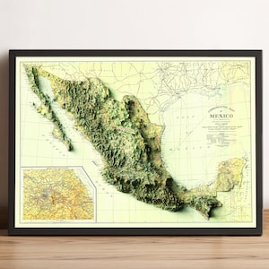 Mexiko Karte, Mexiko 2D Reliefkarte, Alte Karte Mexiko, Mexiko Vintage Karte, Mexiko Druck, Mexiko Poster, Mexiko Geschenk - 2D FLACHDRUCK