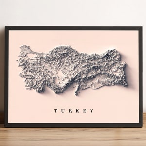 Kaart Turkije, Turkije gearceerde 2D-reliëfkaart, vintage kaart Turkije, Turkije print poster, Turkije kunst aan de muur, Turkije minimalistische kaart-2D FLAT PRINT