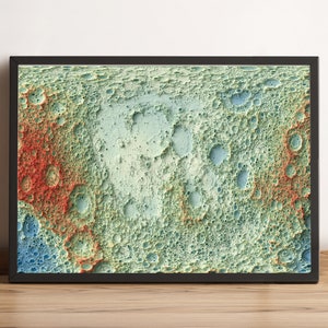 Carte de la lune, carte en relief 2D de la lune, carte vintage de la lune, carte topographique de la lune, carte imprimée de la lune, carte encadrée de la lune (version 1) - impression 2D à plat