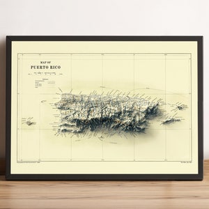 Kaart van Puerto Rico, 2D-reliëfkaart van Puerto Rico, poster van Puerto Rico, vintage kaart van Puerto Rico, cadeau van Puerto Rico - 2D FLAT PRINT