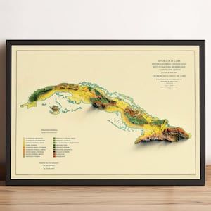 Kuba Karte, Kuba 2D Reliefkarte, Kuba Vintage Karte, Kuba Poster Druck, Kuba Wanddekor, Kuba gerahmte Karte, Kuba Geschenk - 2D FLACHDRUCK