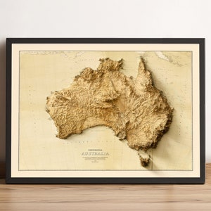 Australien Karte, Australien 2D Reliefkarte, Australien Vintage Karte, Australien Poster Druck, Australien Geschenk, Tasmanien Karte - 2D FLACHDRUCK