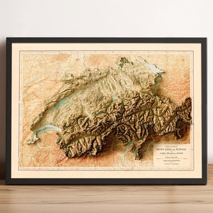 Mapa da Suíça, Mapa de relevo 2D da Suíça, Mapa antigo da Suíça, Mapa de La Suisse, Mapa vintage da Suíça, Arte de parede da Suíça - IMPRESSÃO PLANA 2D