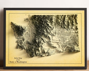 May include: A vintage-style relief map of the State of Washington, printed on a cream-coloured background and framed in black.