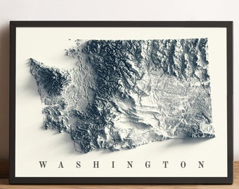 May include: A framed print of a topographic map of Washington state. The map is in shades of blue and white, with the state's name printed in black at the bottom.