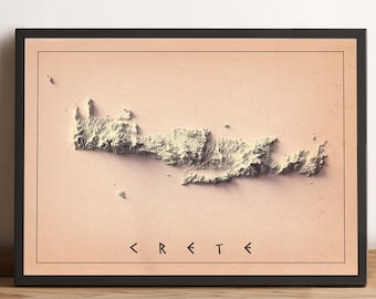May include: A framed print of a topographic map of Crete, a Greek island. The map is in shades of beige and brown, with the island's coastline and mountains depicted in detail. The word "CRETE" is printed in white letters at the bottom of the map.